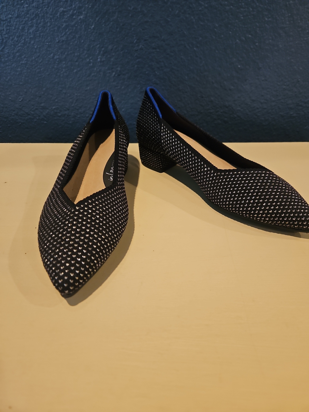 NEW Rothy's Black Pointed Toe Star Block Heel In Love Insole - Picture 2 of 10